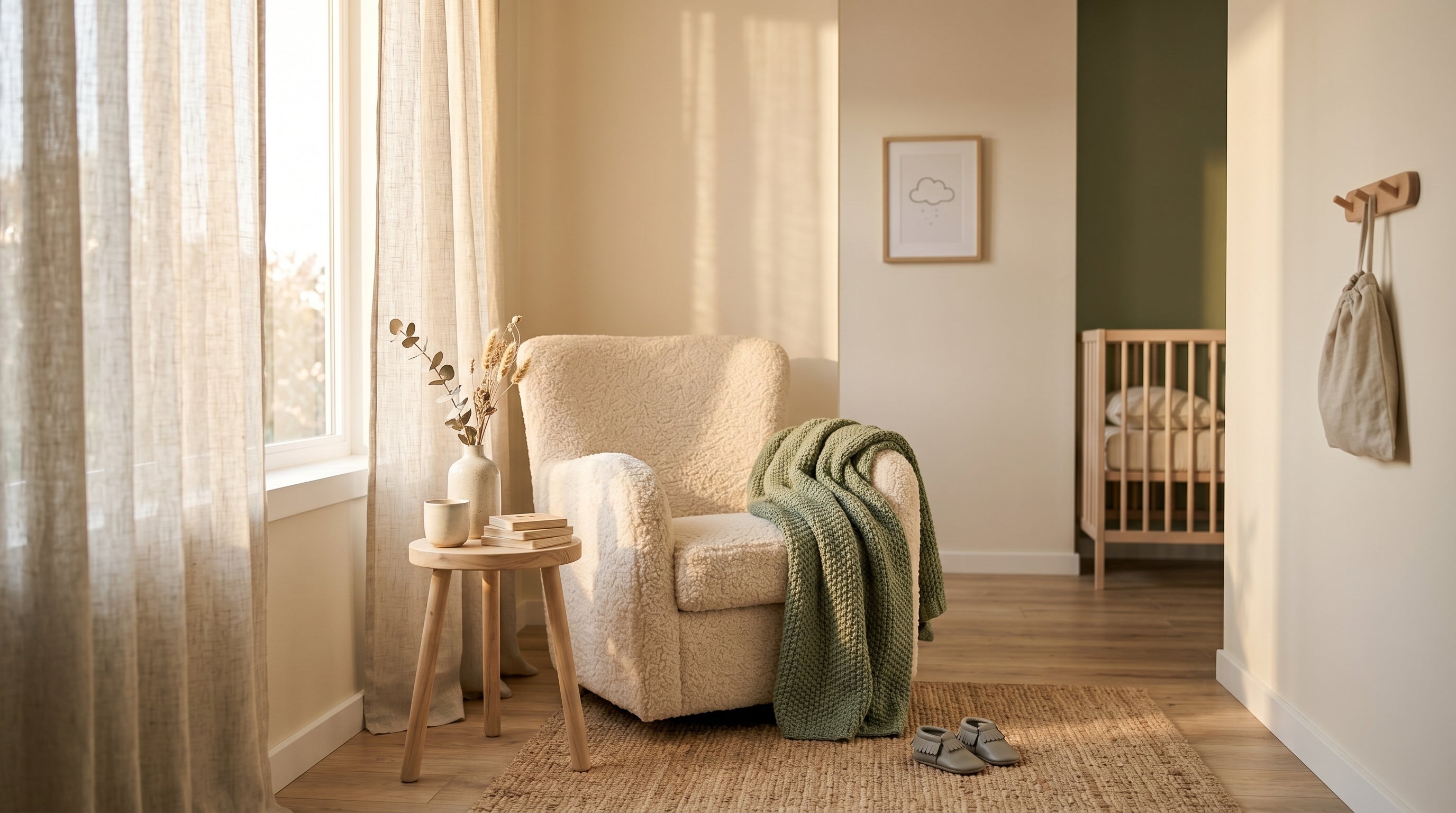 Cozy living room with beige armchair, wooden side table, and baby crib.