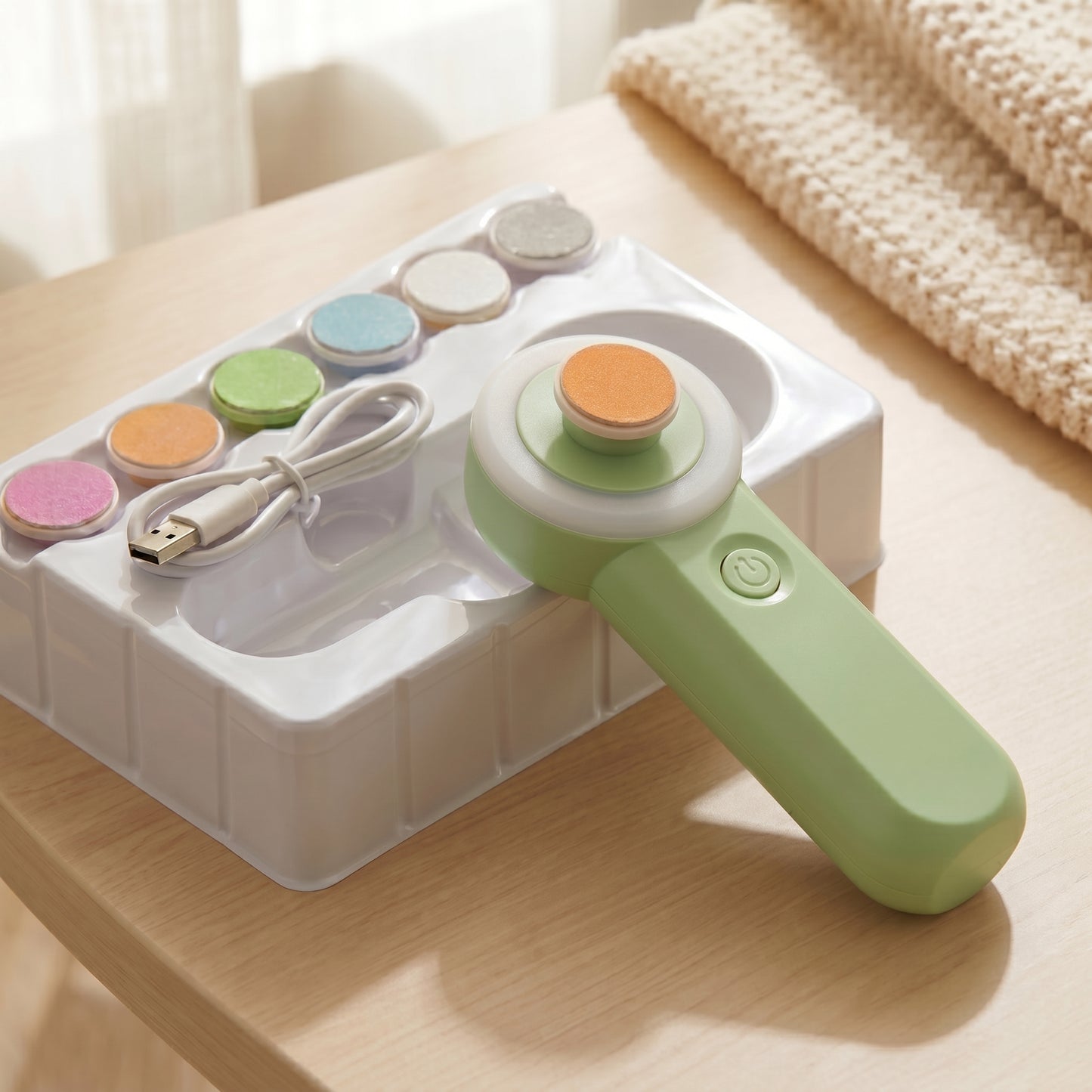 WhisperGlow™ rechargeable baby nail trimmer in green, with interchangeable sanding heads and USB charging cable on a woode...