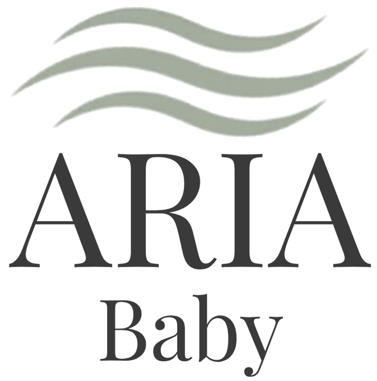 Logo of ARIA Baby with wavy lines above the text on a white background