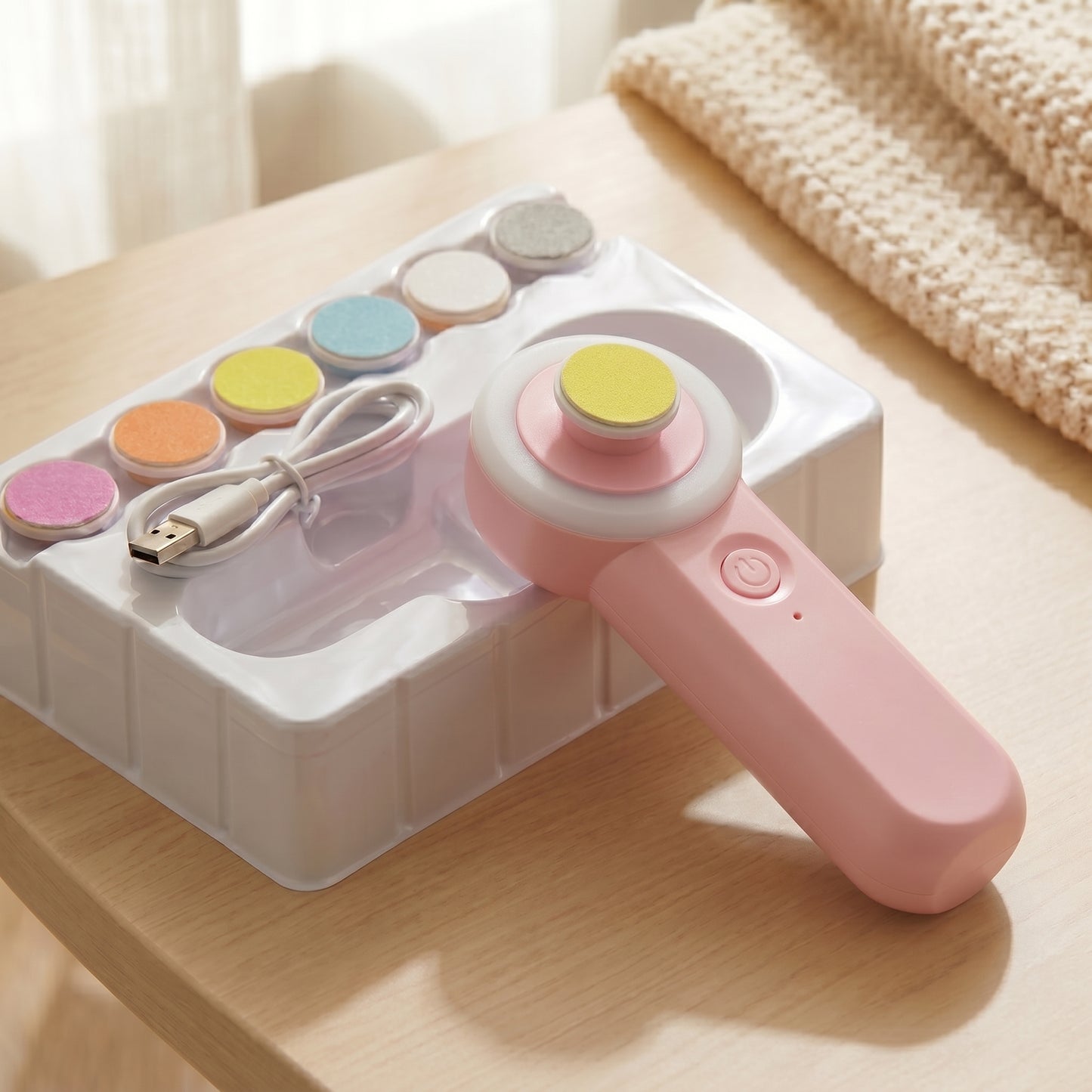 WhisperGlow™ rechargeable baby nail trimmer in pink with colorful sanding heads and USB charging cable on a wooden surface.