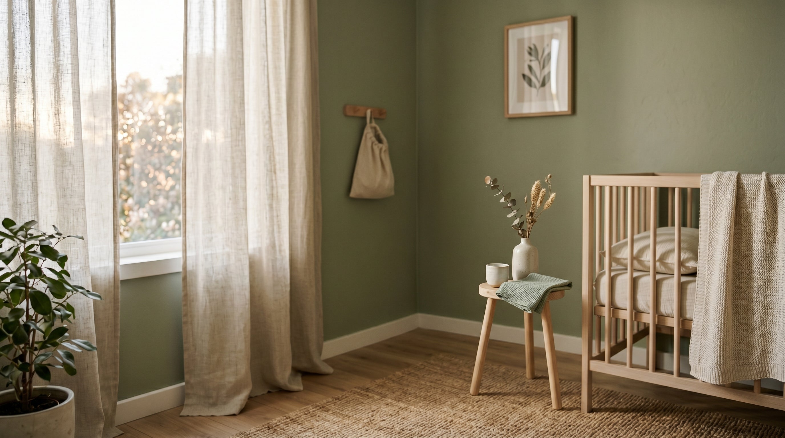 Nursery room with green walls, wooden crib, and natural light filtering through curtains.