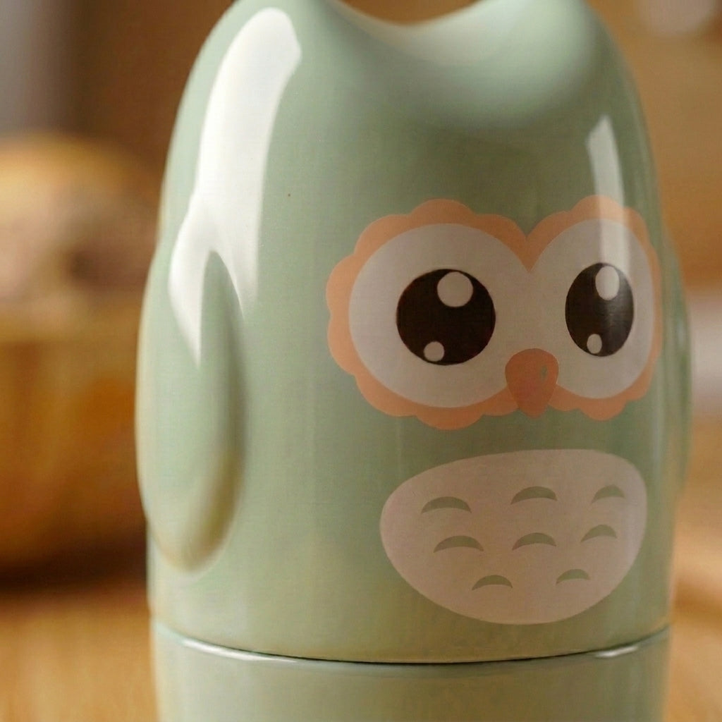 A close-up of a glossy light green owl-shaped container or decor piece with a cute printed owl face in peach, white, and dark brown, set against a warm blurred background.