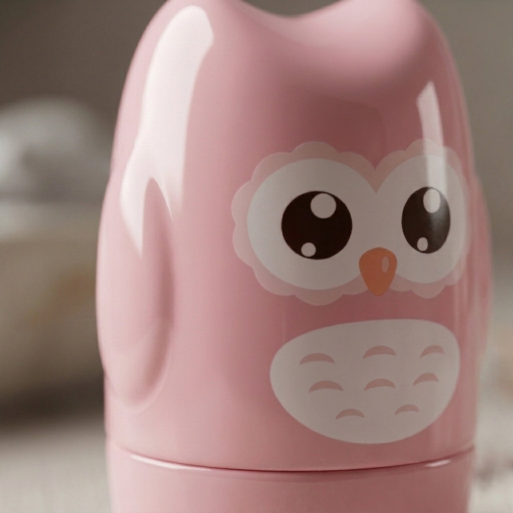 A close-up of a glossy pink owl-shaped container or bottle with large cartoon eyes, a small orange beak, and a white patterned patch on the front.