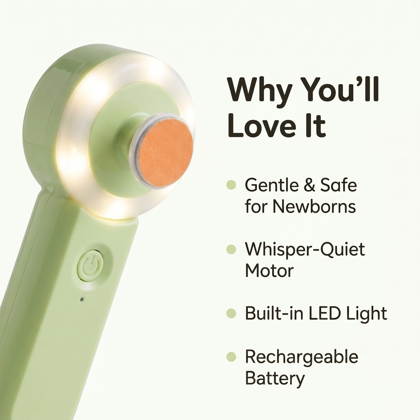 Green WhisperGlow baby nail trimmer with features: gentle for newborns, quiet motor, LED light, rechargeable