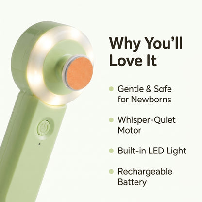 Green WhisperGlow baby nail trimmer with features: gentle for newborns, quiet motor, LED light, rechargeable