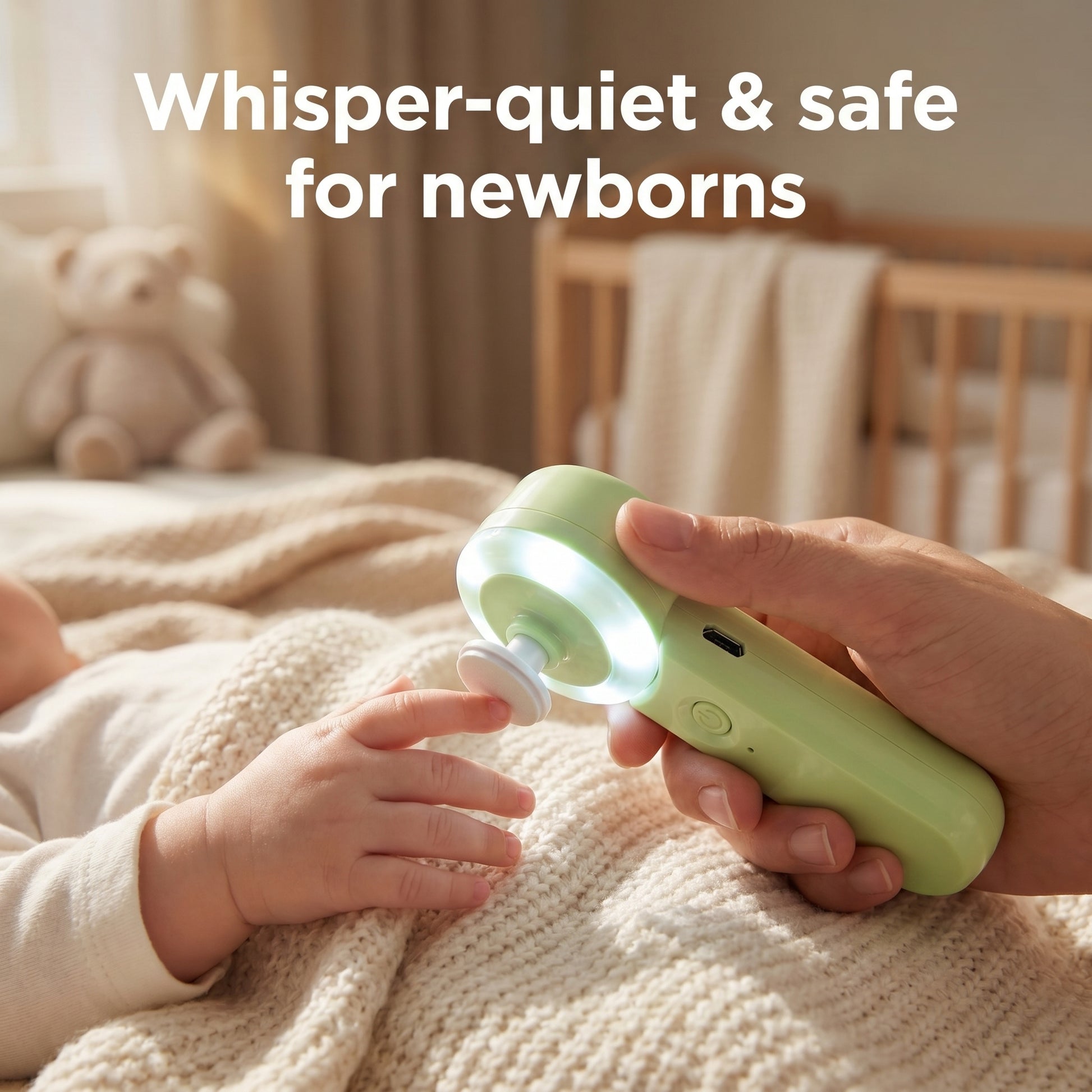 Parent gently grooming newborn's nails with quiet green WhisperGlow trimmer in a calm nursery