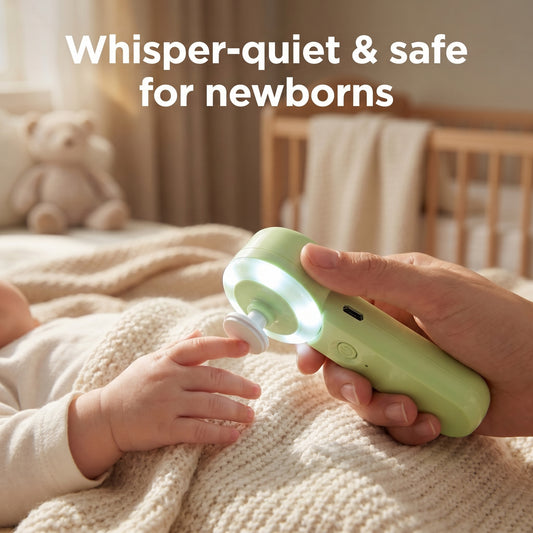 Parent gently grooming newborn's nails with quiet green WhisperGlow trimmer in a calm nursery