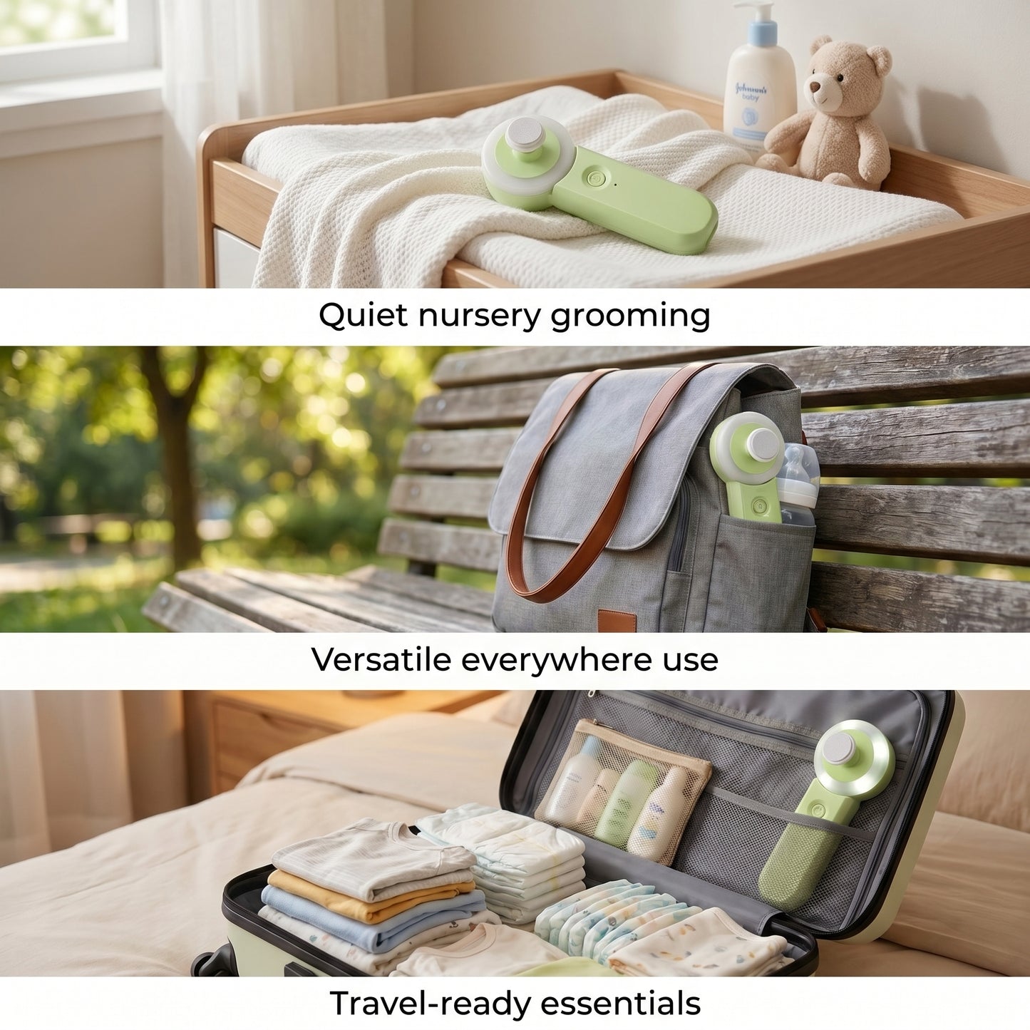 Green WhisperGlow baby nail trimmer shown in nursery, diaper bag, and travel case for use anywhere