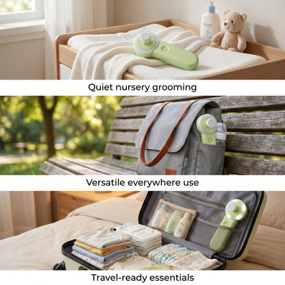 Green WhisperGlow baby nail trimmer shown in nursery, diaper bag, and travel case for use anywhere