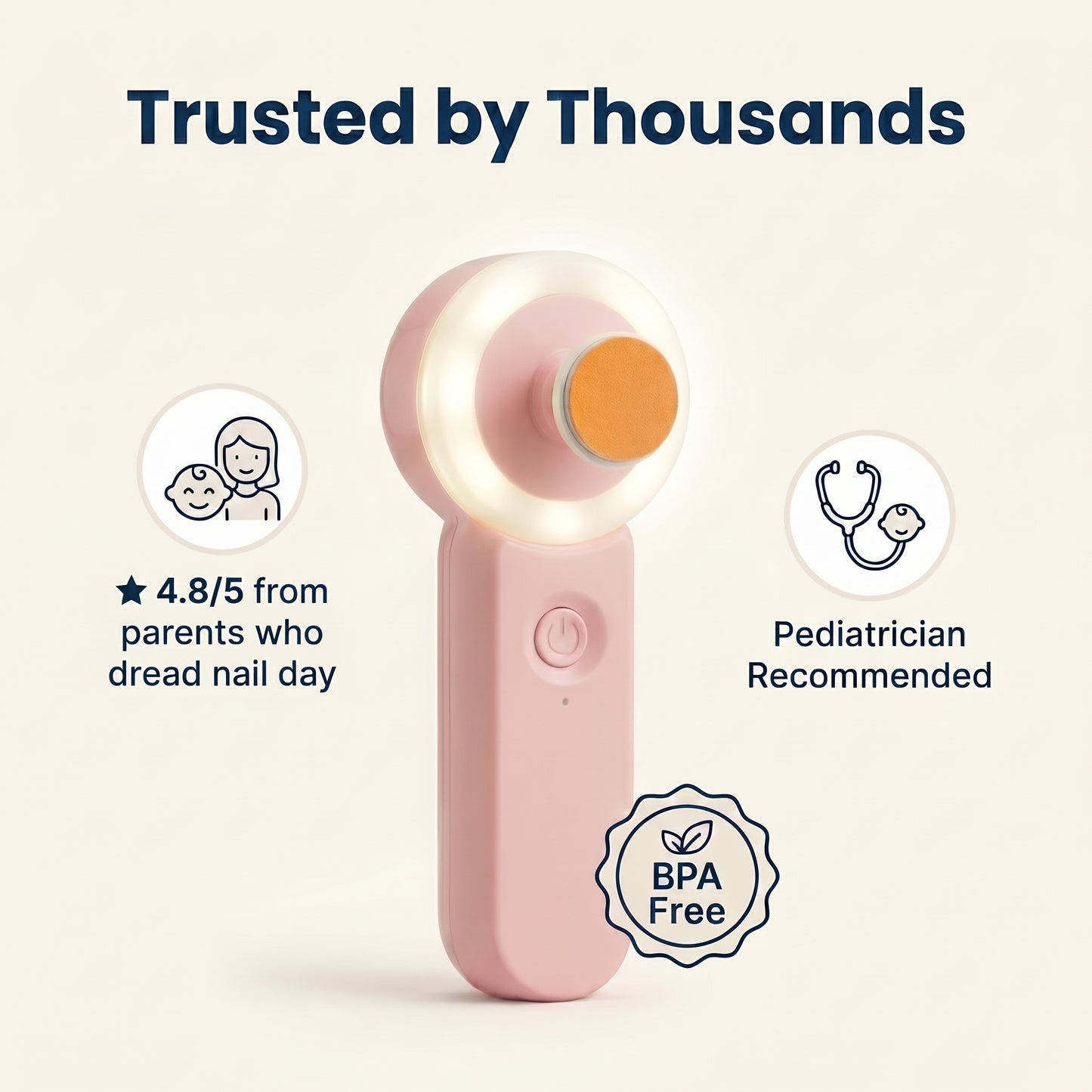 Pink plastic handheld nail trimmer with a round glowing light and orange filing pad. BPA Free label shown.